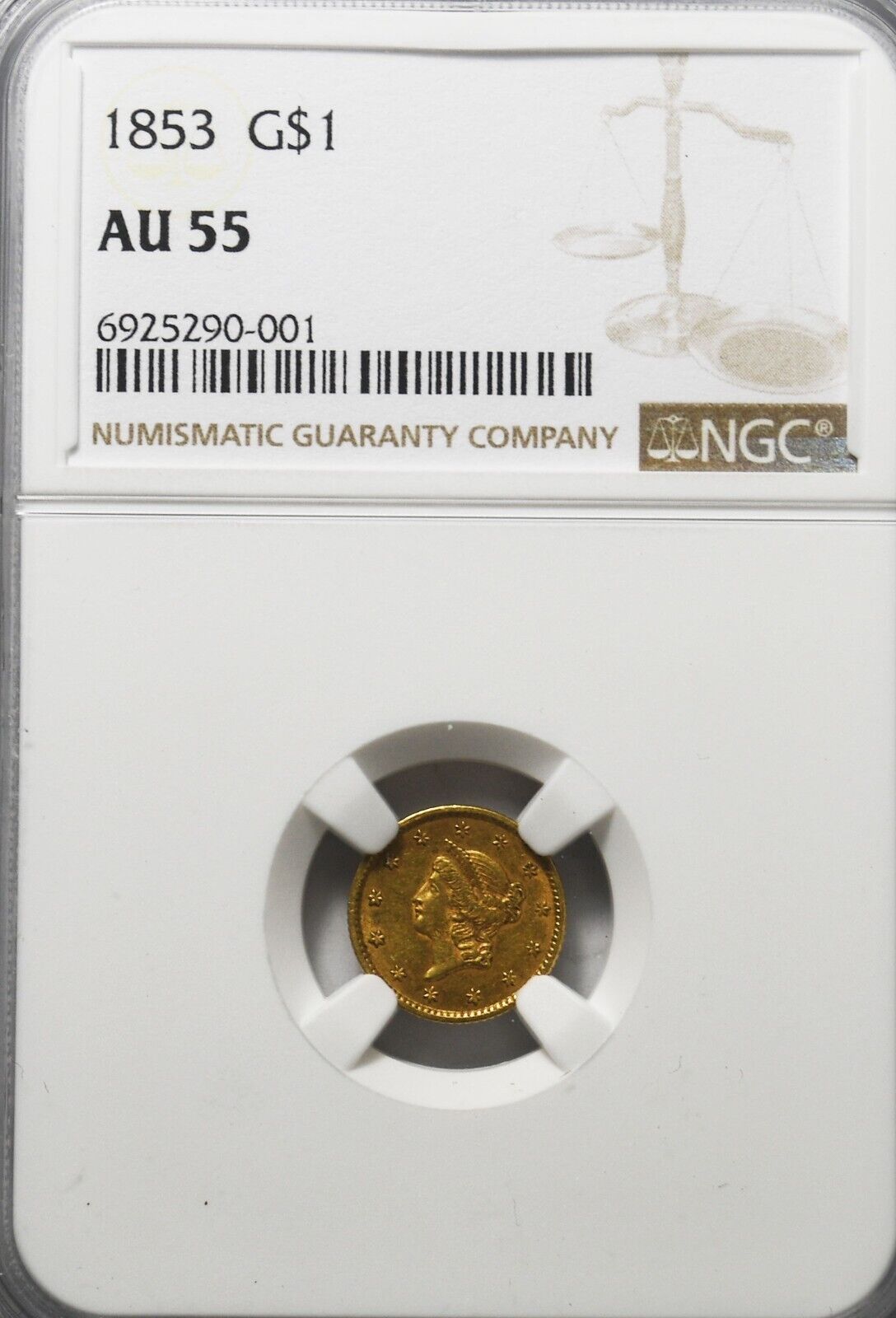 1853 $1 Liberty Head One Dollar Gold Type 1 Philadelphia AU55 NGC