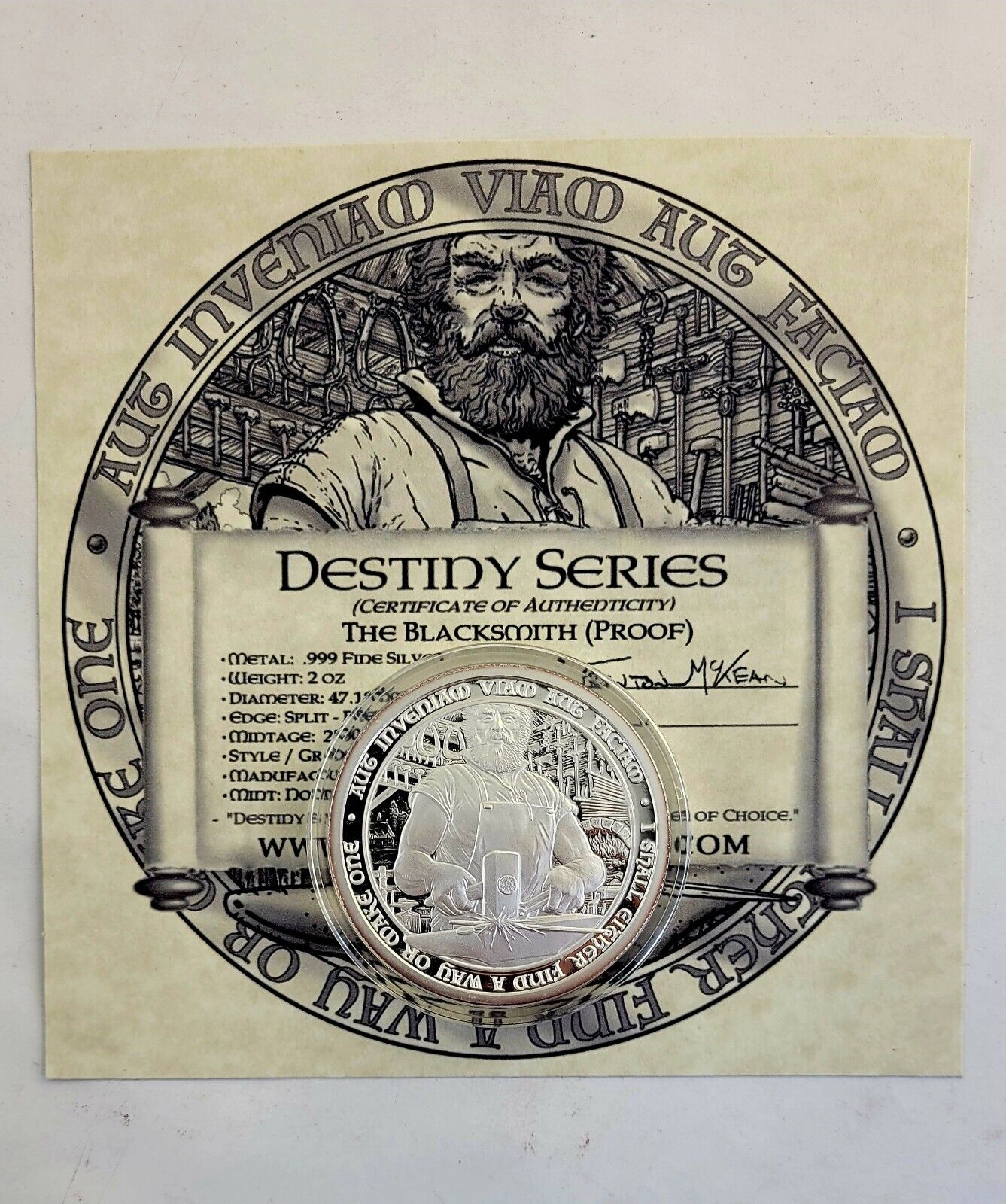 The Blacksmith 2oz. Destiny Knight Series Proof Round w/COA .999 Fine Silver