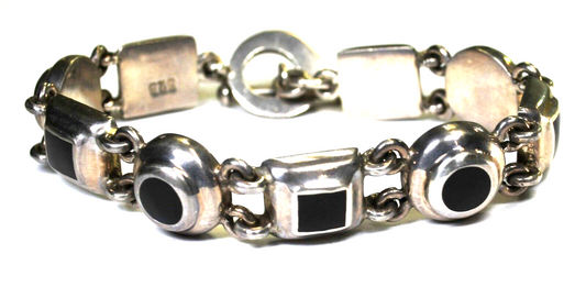 Sterling Silver Black Onyx Square Circle Toggle Bracelet 12mm 8"