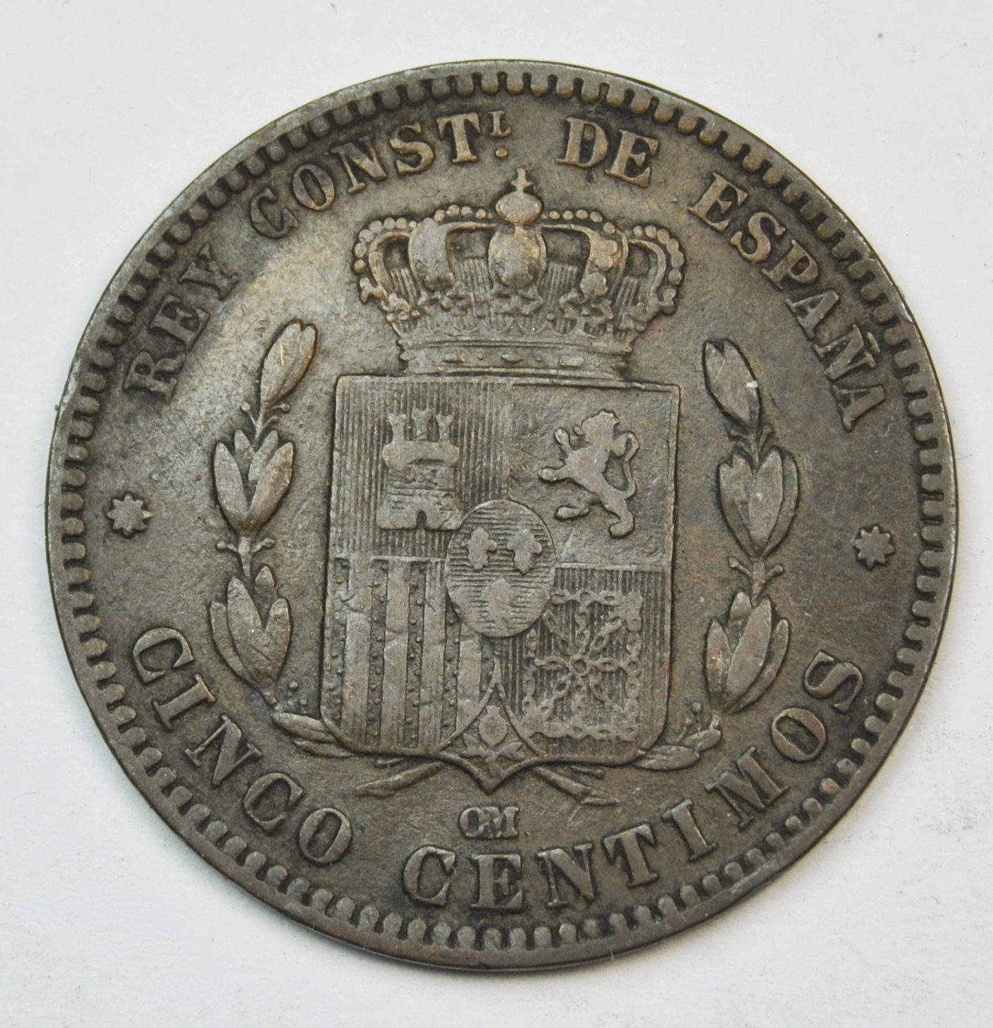 1877 OM Spain 5c Five Centimos Copper Coin KM# 674