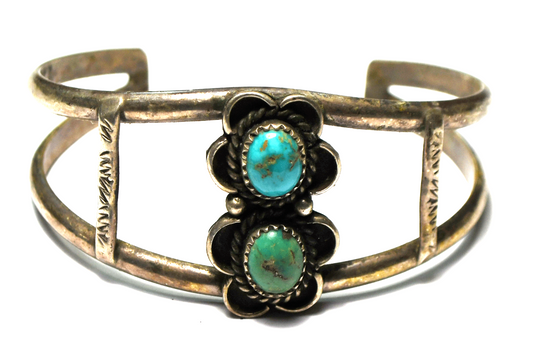 Sterling Green & Blue Turquoise Wire Cuff Bracelet 29mm 6-3/4" Wrist