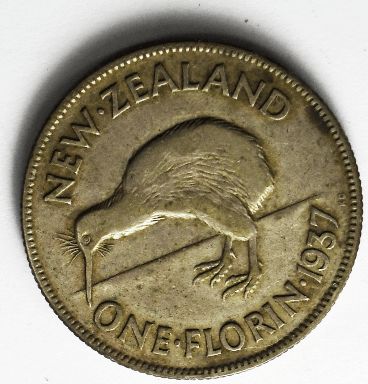 1937 New Zealand One Florin Silver Coin  KM# 10.1 Kiwi Bird