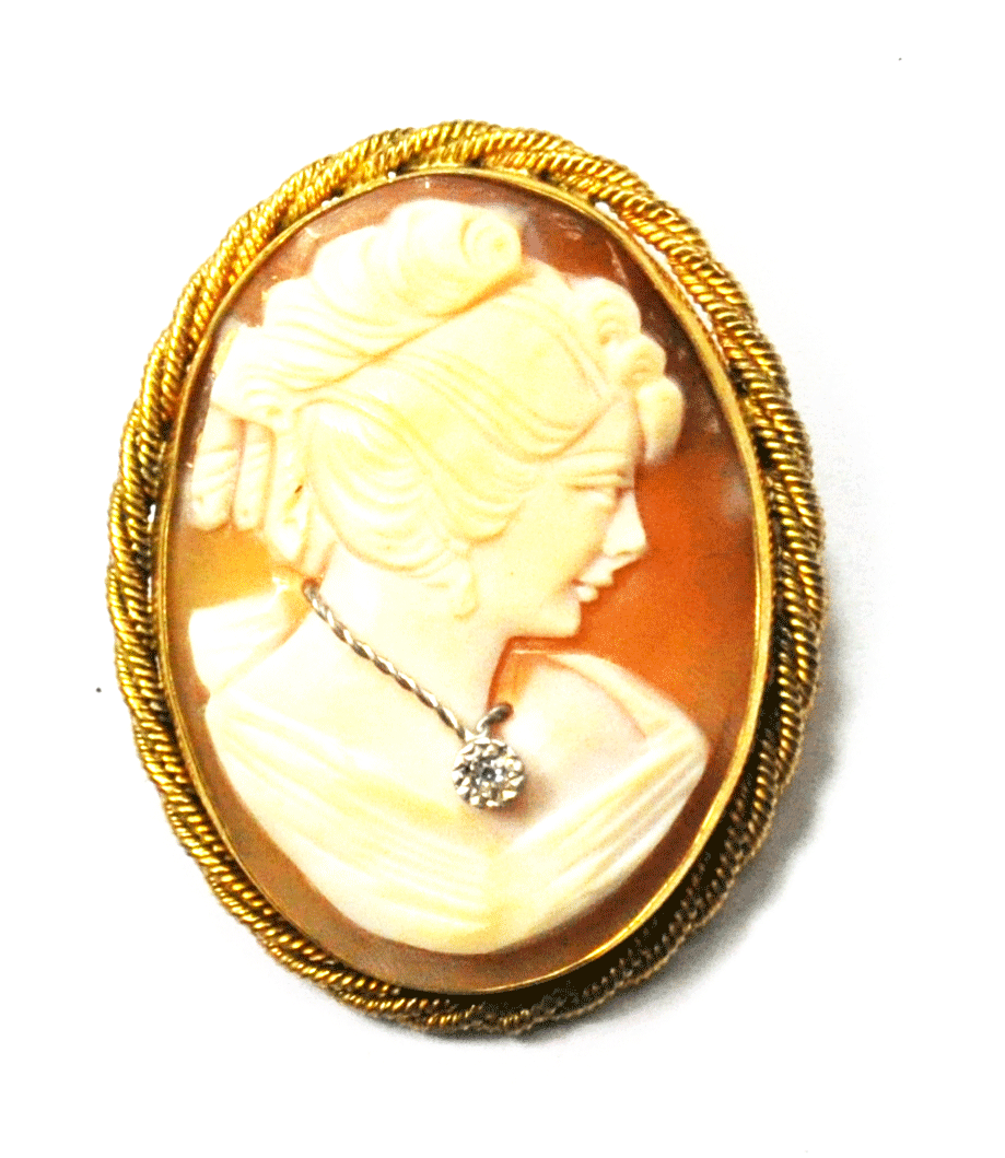 Gold Filled A&Z Shell Cameo Brooch Twist Edge 39mm x 31mm Pendant Diamond