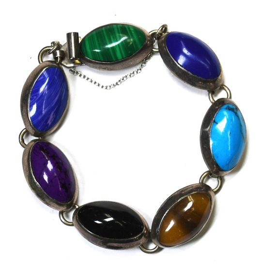 Sterling Silver Oval Multi Stone Lapis Malachite Turquoise Bracelet 14mm 7.5"