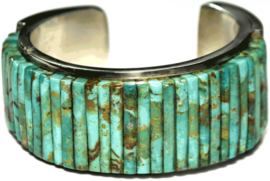 Sterling Pete Sierra Raised Cornrow Turquoise Inlay 28mm Cuff Bracelet 101g