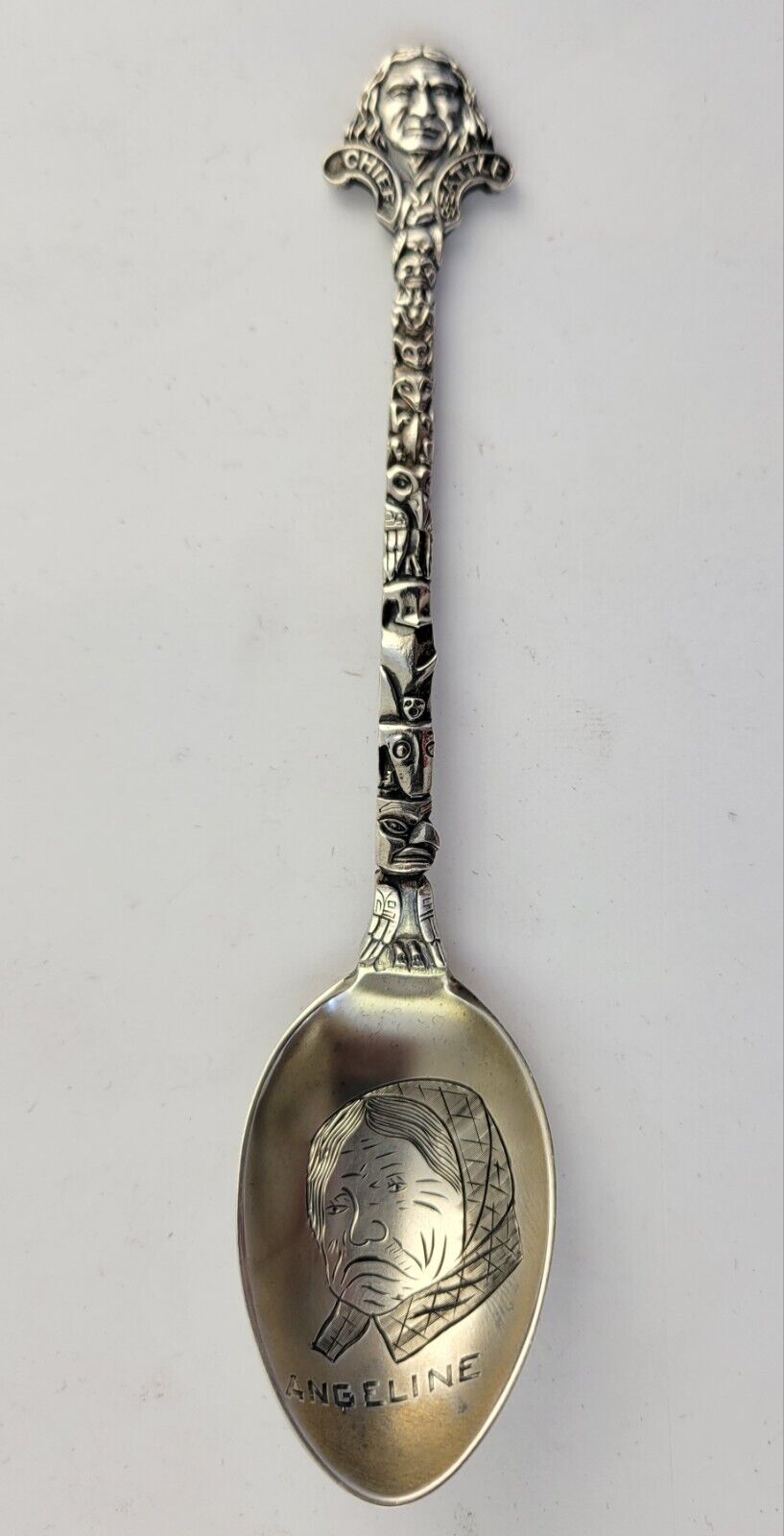 Chief Seattle Sterling Souvenir Spoon 5 1/4" Silver .56oz. Angeline Totem Pole