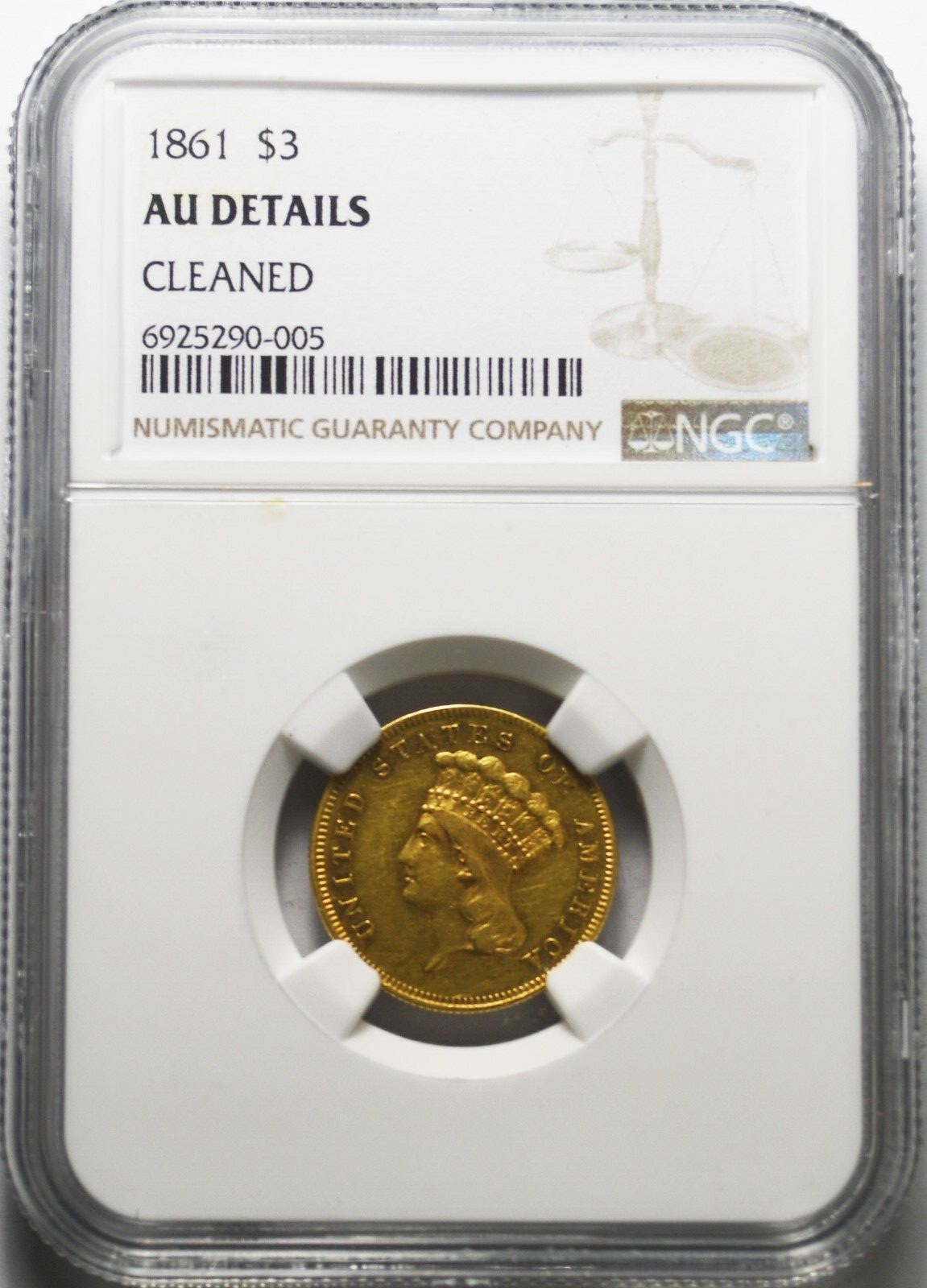 1861 $3 Three Dollars Indian Head Gold NGC AU Details Civil War