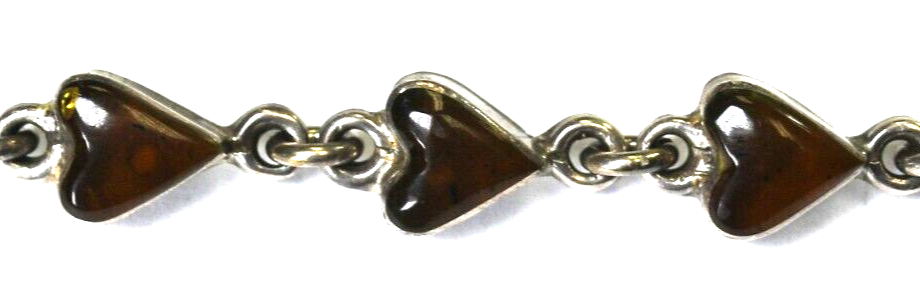 Sterling Silver Faux Amber Heart Link Bracelet 10mm 7"