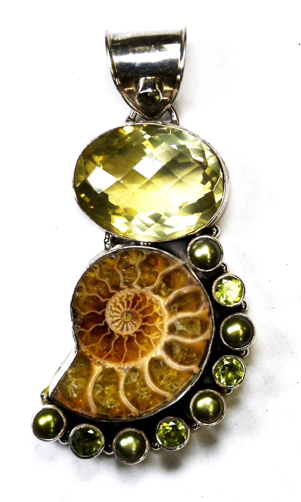 Sterling Citrine Quartz Shell Large Pendant 3" x 40mm