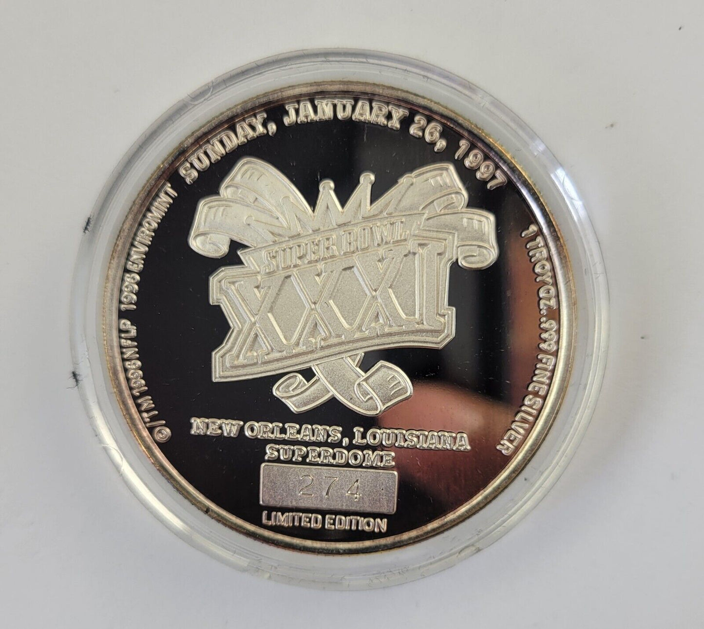 Superbowl XXXI Commemorative Coin .999 Fine Silver Packers Patriots Enviromint