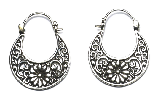 Sterling Silver ATI Flower Hoop Scroll Filigree Earrings 29mm x 23mm