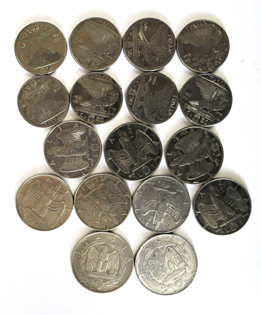 17pc Italy 50 Centesimi One & Two Lire Coins Lot 1939-1941