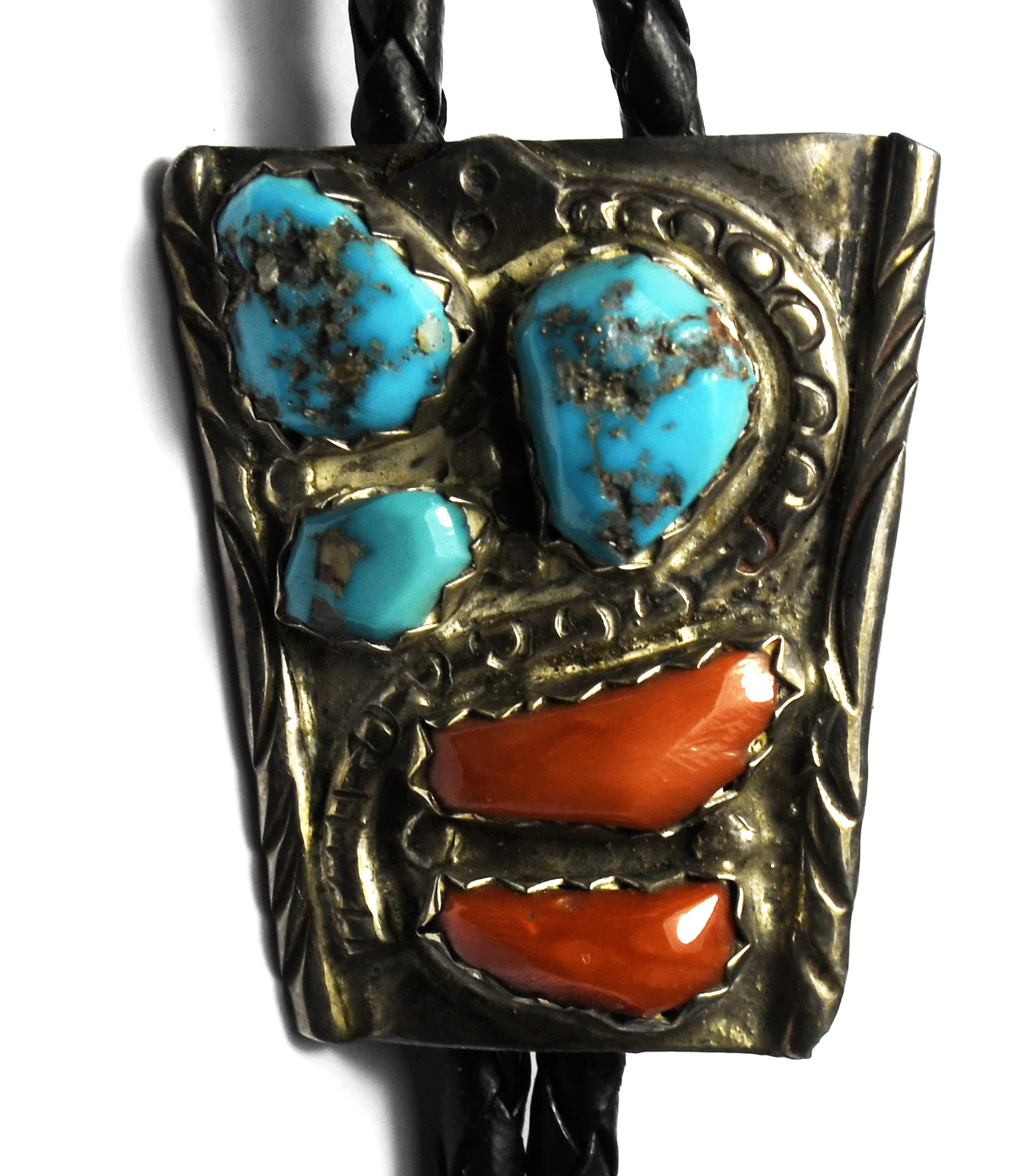 Sterling A Cheama Coral Turquoise Snake Bolo Tie 39 x 33mm 19"