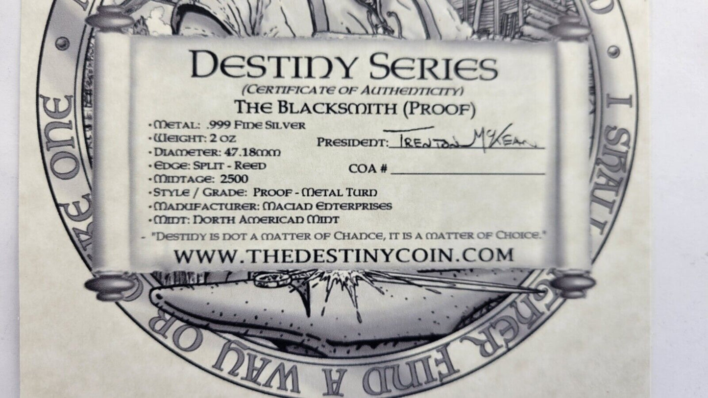 The Blacksmith 2oz. Destiny Knight Series Proof Round w/COA .999 Fine Silver