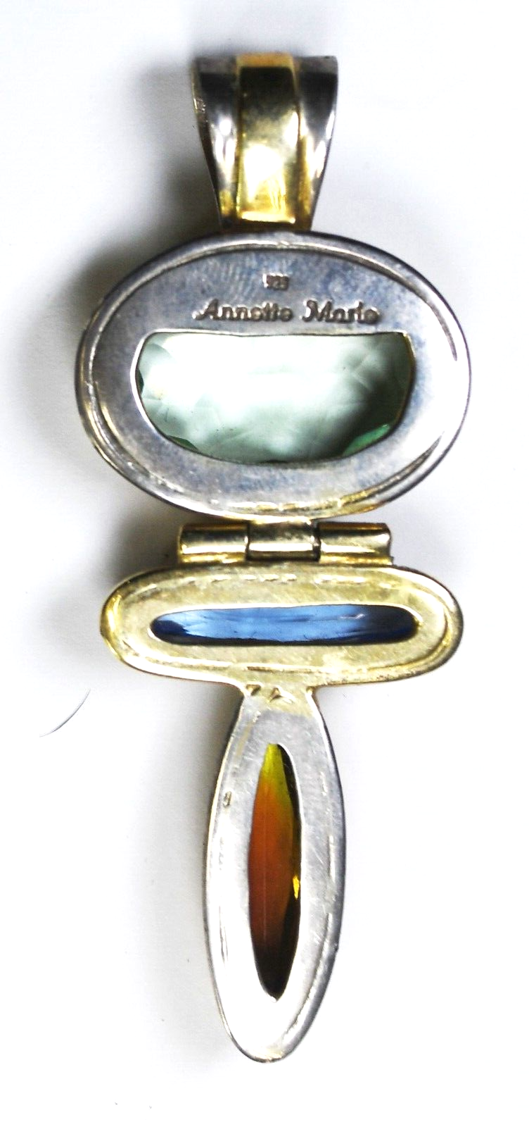 Sterling Annette Marie Gold Two Tone Pendant 2-3/4" x 28mm Blue Green Orange