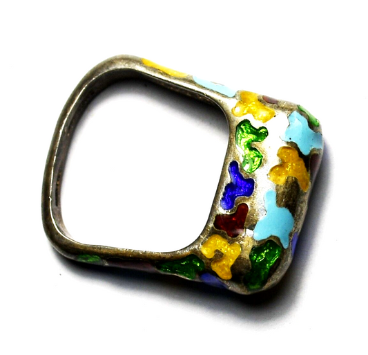 Sterling Silver Colorful Enamel Square Ring 7mm Size 6