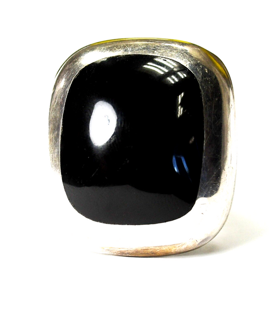 Sterling Large Rectangle Black Onyx Ring 37mm Size 9 Hammered 13mm Band 36g