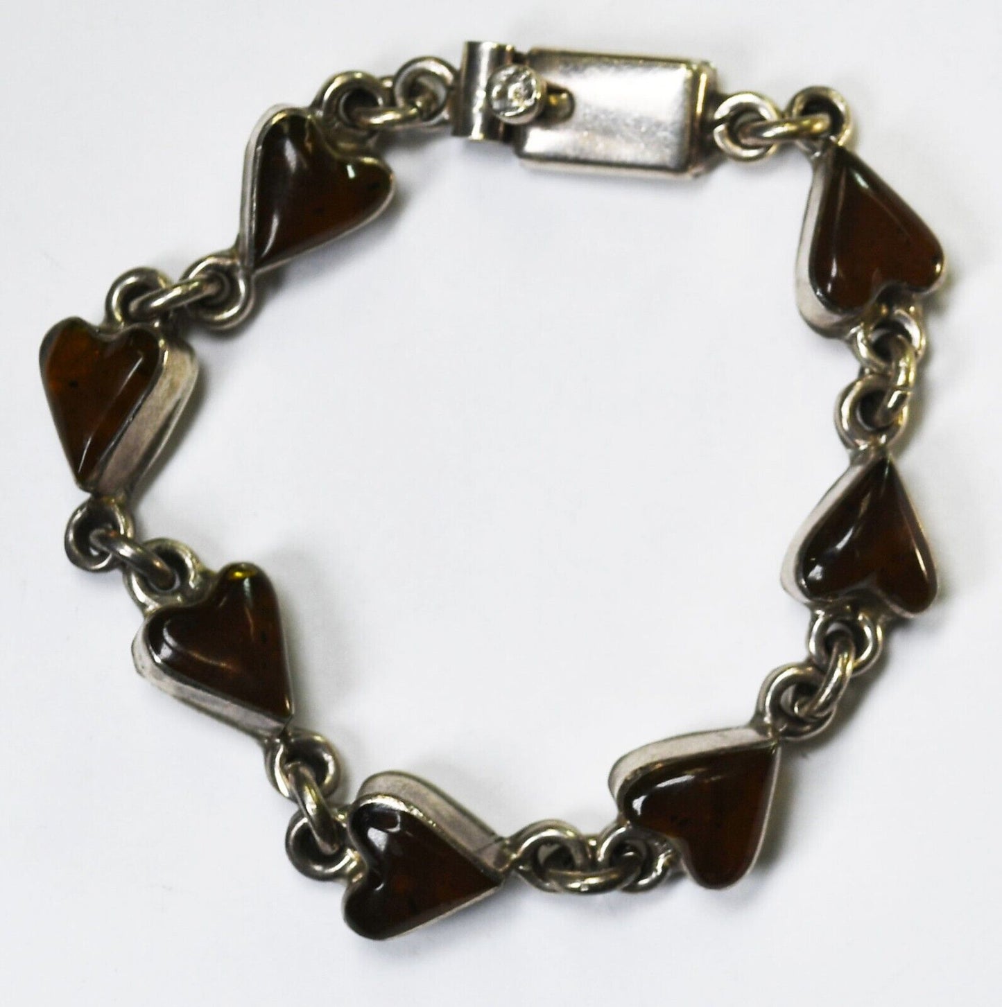 Sterling Silver Faux Amber Heart Link Bracelet 10mm 7"