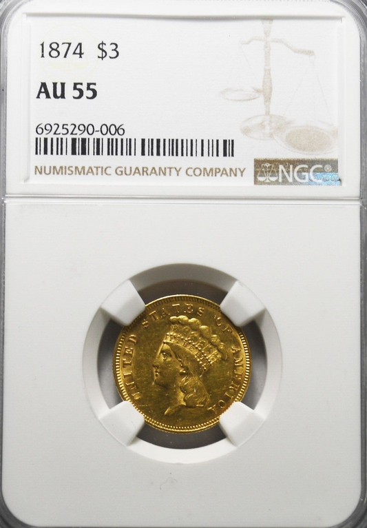 1874 $3 Three Dollars Indian Head Gold NGC AU55