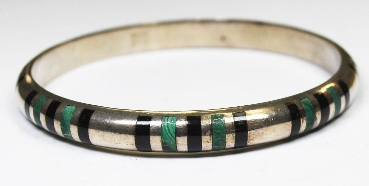 Plata 970 Silver Medium Onyx Malachite Stripe Bangle Bracelet 8mm