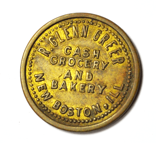 R Glenn Greer Cash Grocery Bakery R Glenn Greer New Boston Ill 5c Trade Token