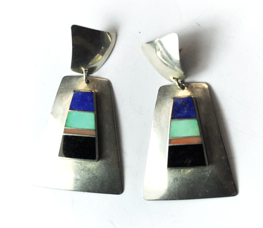 Sterling Feather Signed Turquoise Lapis Onyx Coral Inlay Earrings 2" x 31mm