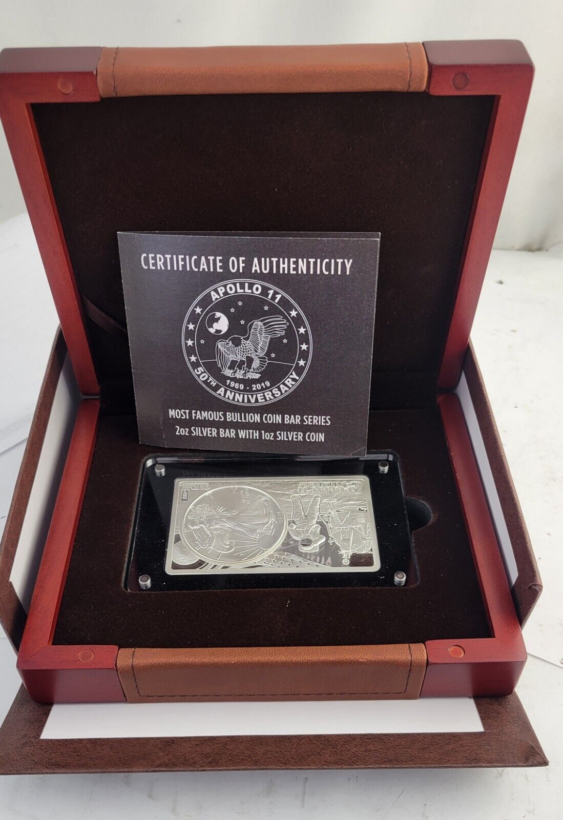 Apollo 11 50th Anniversary 2019 3 oz Silver American Eagle Coin & Bar w/ Box COA