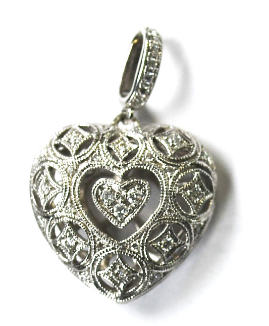 Sterling Silver Neil Lane Diamond Filigree Heart Pendant 27mm x 18mm