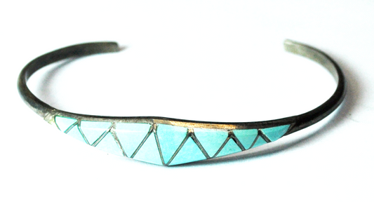 Sterling SEC Turquoise Triangle Inlay Cuff Bracelet 10mm 6-1/2" Wrist