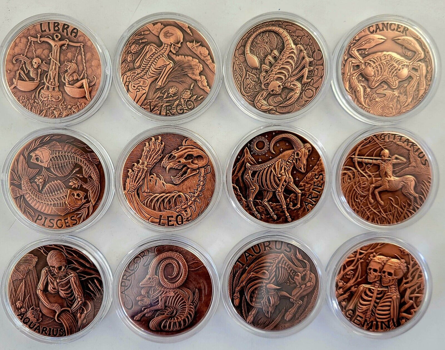 2015 Complete Zodiac .999 Fine Copper Rounds 12pc Skullcoins wCOA Cards Morbid