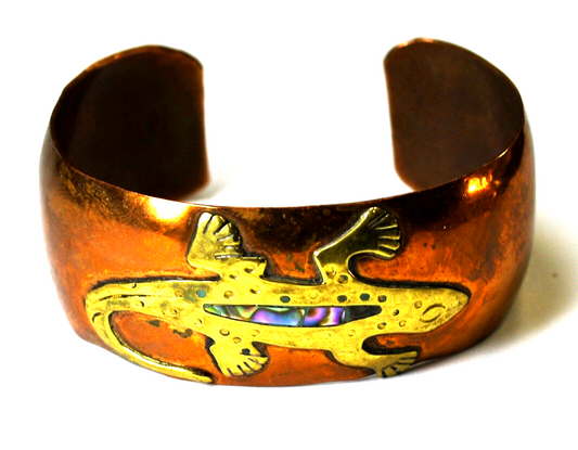 Copper Brass Mexico MOP Salamander Lizard Cuff Bracelet 24mm 6-3/4" Wrist