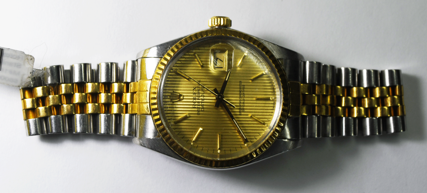 1986 Men's Rolex Datejust 16013 Gold Tapestry Dial 36mm 3035 18k 7.5" Wrist