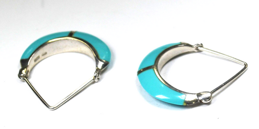 Sterling Silver Blue Plastic Faux Turquoise Inlay Hoop Earrings 28mm x 5mm