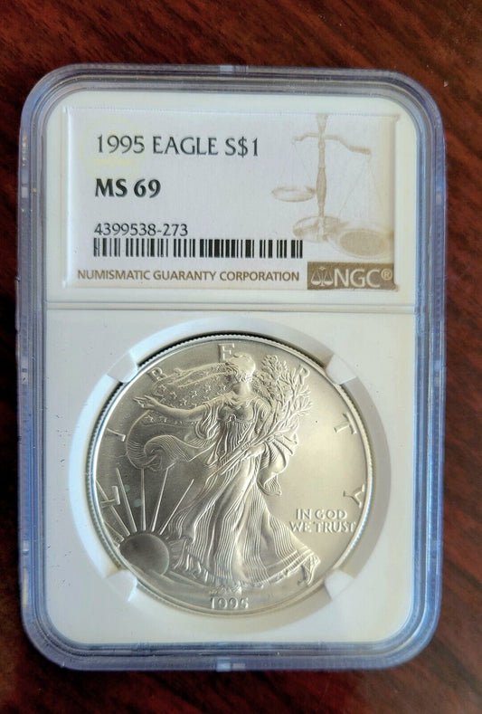 1995 $1 Silver Eagle NGC MS69 Dollar Brown Label Holder .999 Fine Silver 1oz.