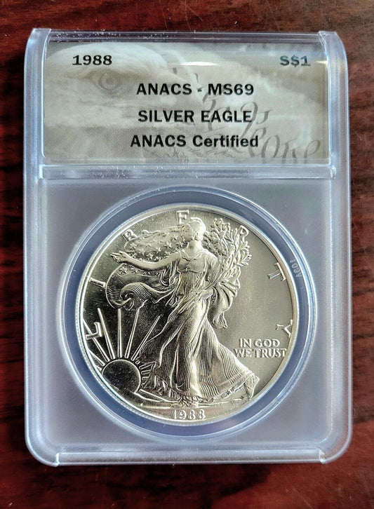 1988 $1 American Silver Eagle ANACS MS69 Silver Dollar .999 Fine Silver 1oz.