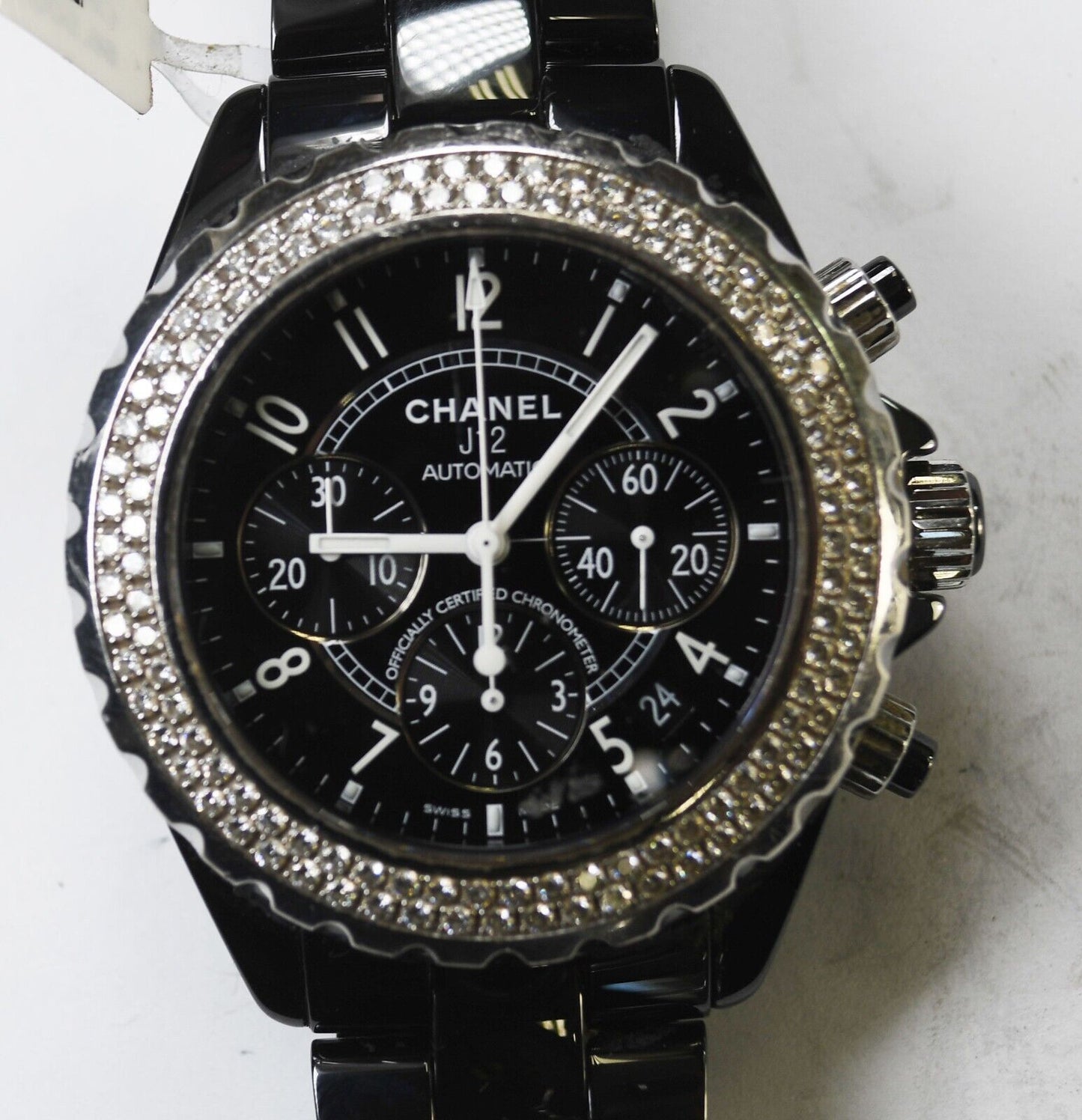 Chanel J12 Automatic Chronograph Black Ceramic Diamond Bezel Wristwatch 41mm