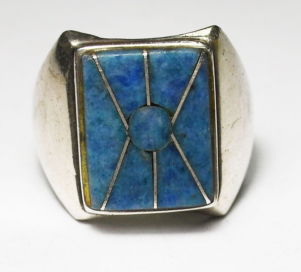 Sterling Silver Rectangle Blue Speckled Stone Inlay Ring 18mm Size 9.5