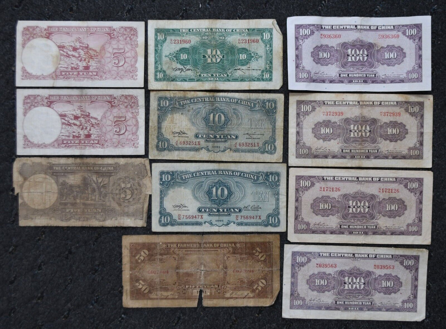 11- 1941 Central Bank of China 5 10 50 & 100 Yuan Notes