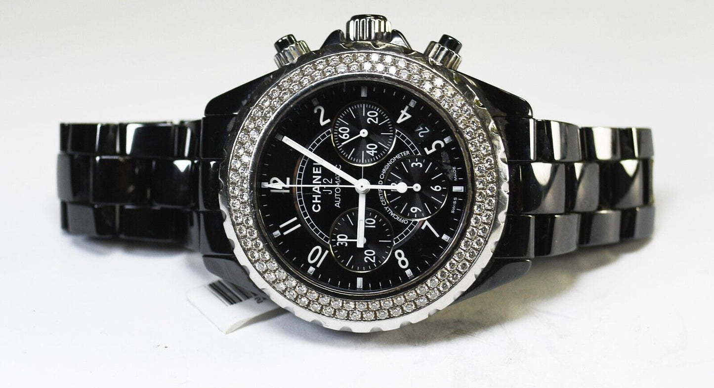 Chanel J12 Automatic Chronograph Black Ceramic Diamond Bezel Wristwatch 41mm