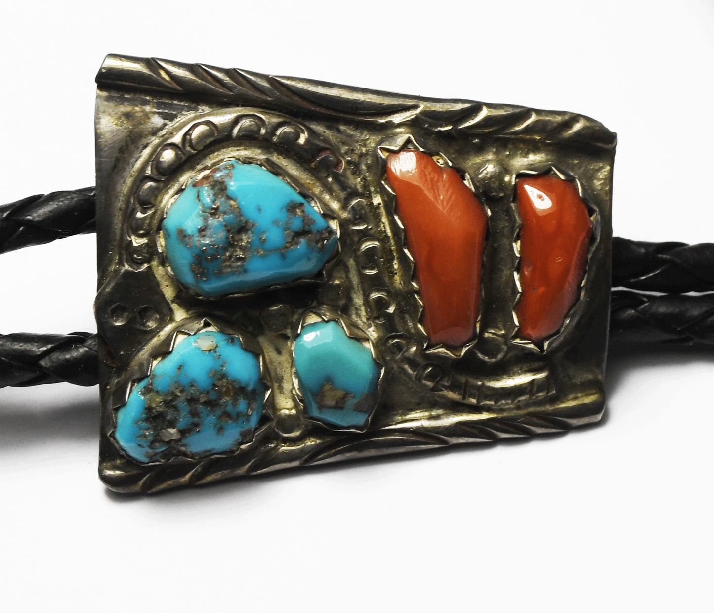 Sterling A Cheama Coral Turquoise Snake Bolo Tie 39 x 33mm 19"