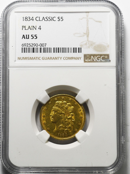 1834 $5 Classic Head Plain 4 Five Dollars Half Eagle Gold Coin NGC AU55