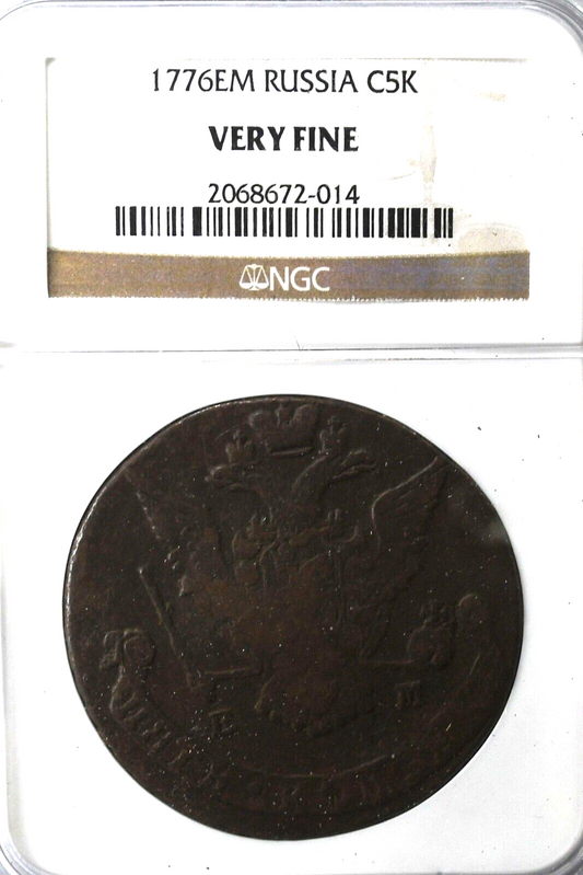 1776 EM Russia 5 Five Kopeks Copper Coin C# 59.3 NGC Very Fine VF