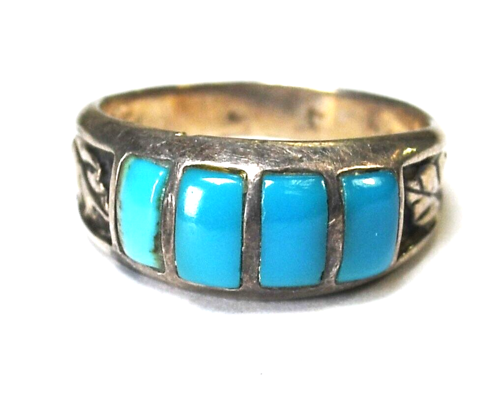 Sterling Silver Four Turquoise Rectangle Leaf Edge 8mm Ring Size 8