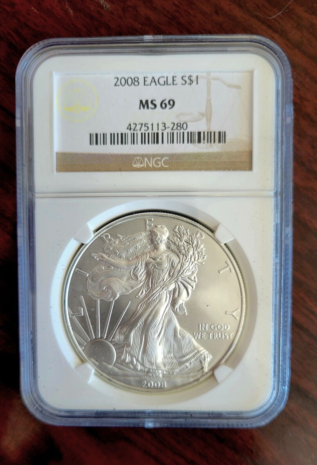 2008 $1 Silver Eagle NGC MS69 Dollar Brown Label Holder .999 Fine Silver 1oz.