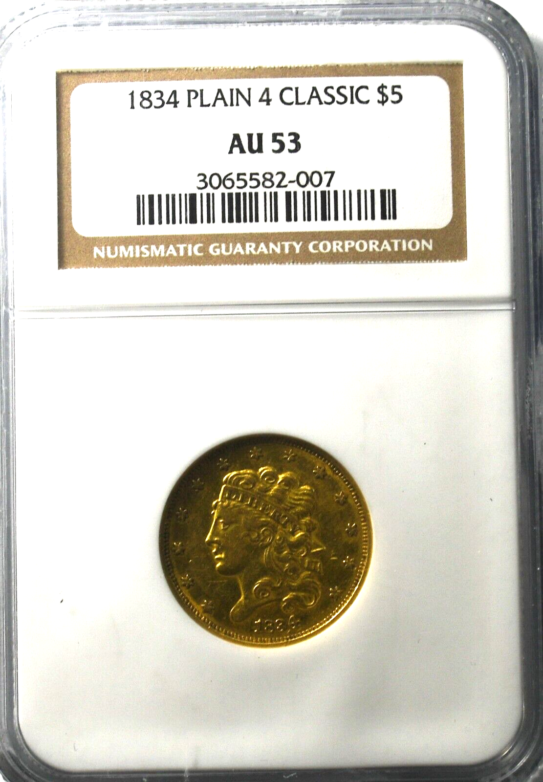 1834 $5 Classic Head Plain 4 Five Dollars Half Eagle Gold Coin NGC AU53