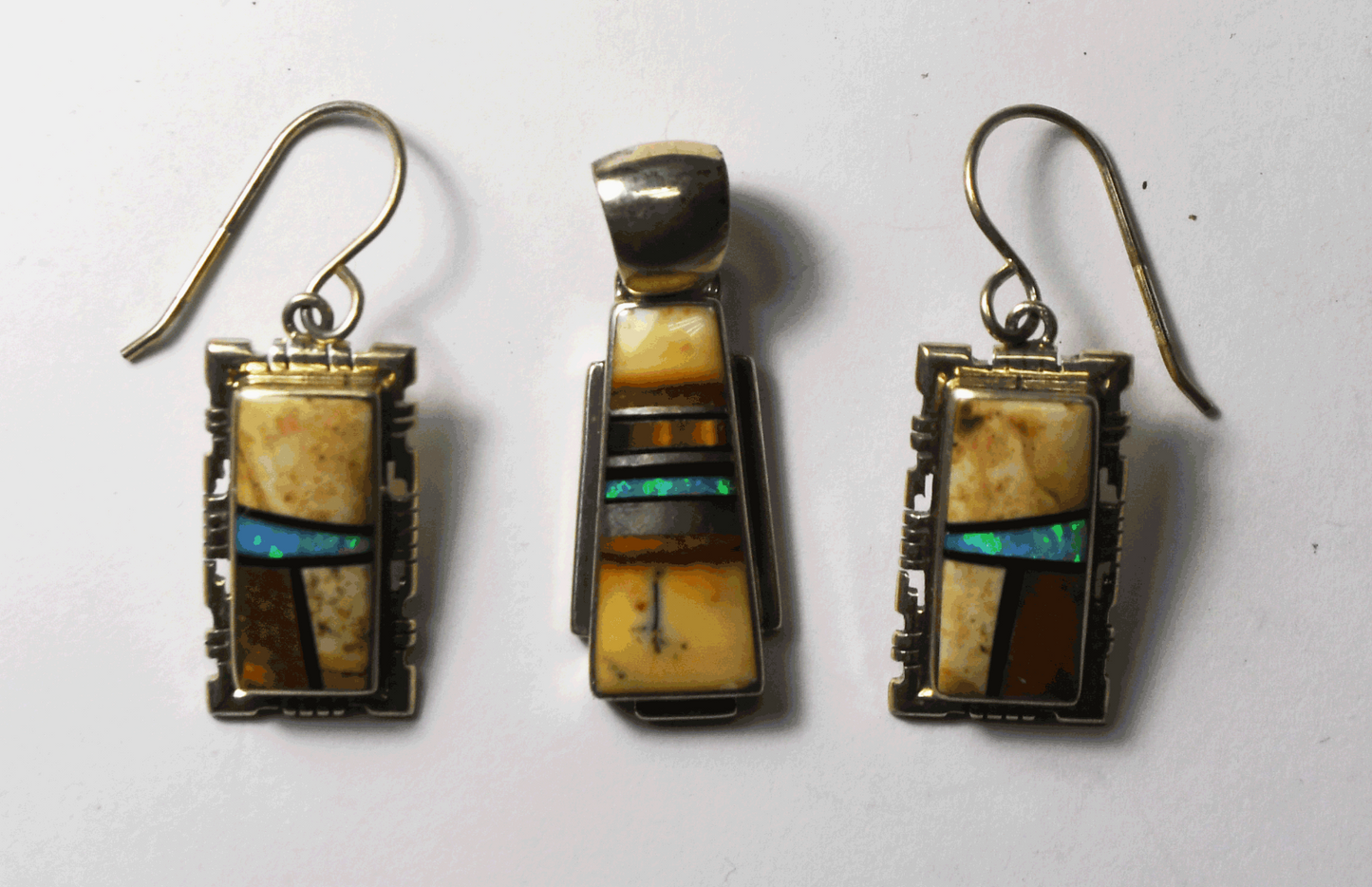 Sterling Nataanii P Skeets Inlay 1.5" Dangle Earrings & 35mm Pendant