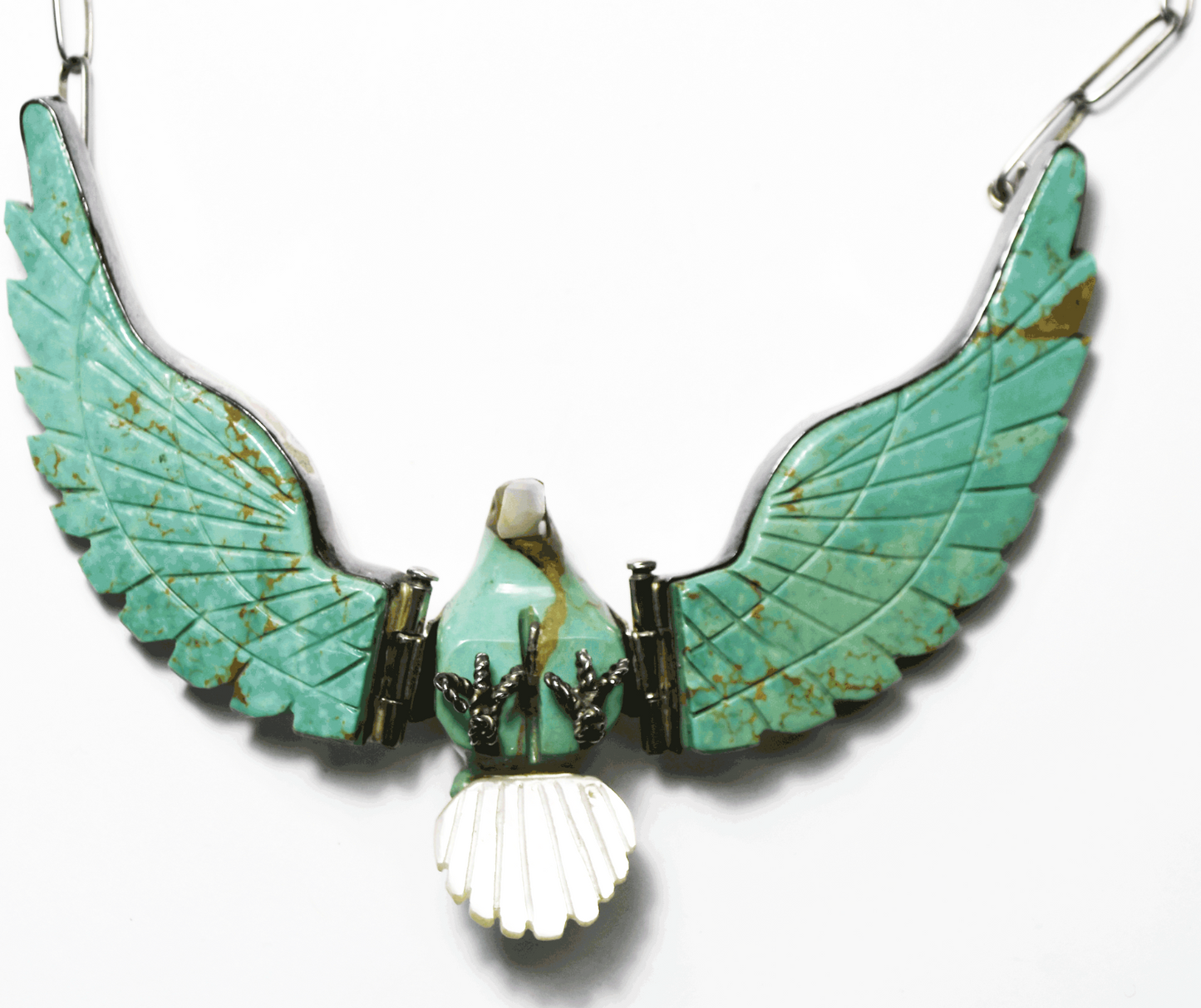 Sterling Large H Spencer Carve Turquoise 4.75" Eagle 17" Necklace MOP Tail