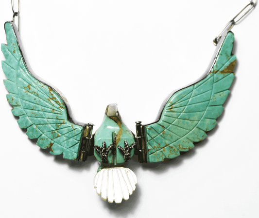 Sterling Large H Spencer Carve Turquoise 4.75" Eagle 17" Necklace MOP Tail