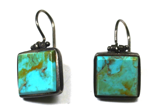 Sterling Faux Plastic Turquoise Square Dangle Earrings 29mm x 15mm