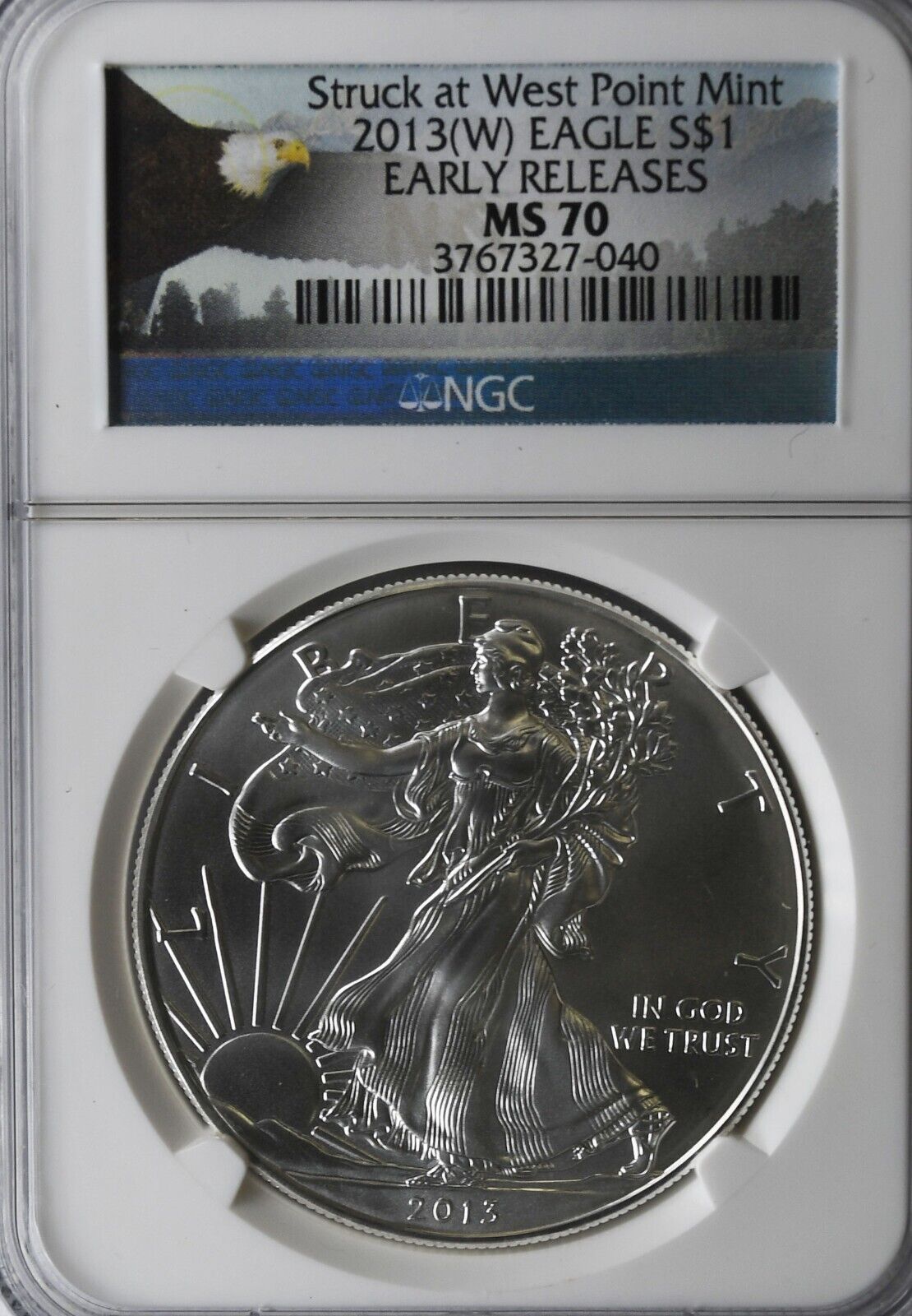 2013 (W) $1 Silver American Eagle NGC MS70 Ounce Fine ER Struck at West Point